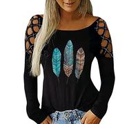 Generisch Top da donna con strass camicetta cava retro stampa moda top casual a maniche lunghe caldo O collo top a maniche lunghe da donna taglie grandi, Nero , M