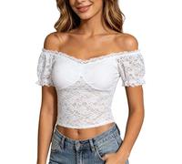 Generisch Top da donna in pizzo con scollo Carmen e maniche a sbuffo, romantico stile cottage core, per un appuntamento estivo o un picnic al parco, Stile_h02 bianco, XL