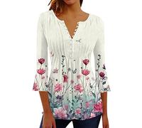 Generisch Top estivo da donna, stampa floreale, camicie casual, scollo a V, maniche a tre quarti, top corto da donna, beige., XXL