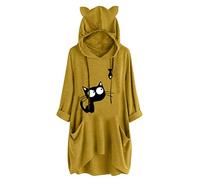 Generisch Top Stampa Maniche Orecchie Gatto Pouch Casual Camicia con Cappuccio Donna Camicetta Lunga Camicetta Donna Maglione Con Maniche A Sbuffo Donna, giallo., 5XL