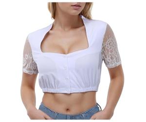 Generisch Tradizionale camicetta Dirndl da donna, taglie forti, con maniche lunghe, elasticizzata, delicato pizzo, ideale per Oktoberfest, dettagli raffinati e lavorazione di alta qualità, bianco, L