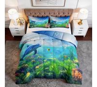 Generisch Trapunta per tutte le stagioni, motivo creature marine e pesci, 180 x 200 cm, 4 stagioni, stile da sogno, trapunta per tutto l'anno, senza rivestimento, lavabile, con federa, trapunta per