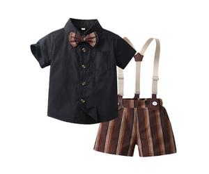 Generisch Trompe-l'œil - Set per bambini con stampa salopette e pantaloncini, 3 pezzi, con effetto inganno e papillon, Stil_g01 Nero, 3-4 Jahre