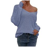 Generisch Tunica da donna invernale classica senza spalline, tinta unita, con colletto a una parola a maglia, Blu, L