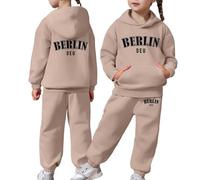Generisch Tuta a maniche lunghe con cappuccio e pantaloni, calda, tinta unita, per il tempo libero, per la vita quotidiana e la scuola, cachi, 3-4 Anni
