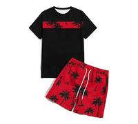 Generisch Tuta da allenamento da uomo, 2 pezzi, in noce di cocco, con stampa, oversize, tuta da jogging, abbigliamento sportivo, set da due pezzi, tracksuit da uomo, a maniche corte + pantaloni corti
