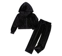 Generisch Tuta da allenamento in velluto per ragazze, in pile caldo, in due pezzi, morbida, casual, con pantaloni per le gite quotidiane, Nero , 9-10 Anni
