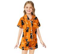 Generisch Tuta da casa con stampa di Halloween per ragazze, a maniche corte (2-13 anni) per bambini, Colore: arancione., 10-11 Anni