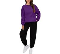 Generisch Tuta da donna, 2 pezzi, set autunno-inverno, scollo rotondo, a maniche lunghe, top e pantaloni da jogging, tinta unita, calda, morbida, elasticizzata, per allenamento all'aria aperta