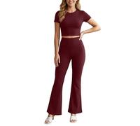 Generisch Tuta da donna 2026 con pantaloni alti e top corto, combinazione sportiva classica, abbigliamento estivo comodo, Vino, XS