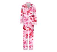 Generisch Tuta da donna alla moda per la casa, casual, in due pezzi, con camicia a maniche lunghe, pantaloni comfort, tuta da jogging, tuta da allenamento, set amore con stampa, Rosa caldo, L