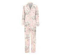 Generisch Tuta da donna alla moda per la casa, casual, in due pezzi, con camicia a maniche lunghe, pantaloni comodi con stampa amore, pigiameria con bottoni, morbido pigiama, #002 Rosa, L