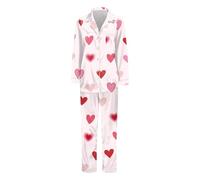 Generisch Tuta da donna alla moda per la casa, casual, in due pezzi, con camicia a maniche lunghe, pantaloni comodi con stampa amore, pigiameria con bottoni, morbido pigiama, #004 Rosa, L