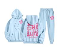 Generisch Tuta da donna con cappuccio, 2 pezzi, autunno, rosa, con stampa di palmo, a maniche lunghe, da donna, con cappuccio, per yoga, palestra, #103, L