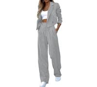 Generisch Tuta da donna, elegante, business, matrimonio, 2 pezzi, blazer corto, con colletto a risvolto, pantaloni a vita alta, chic, a strisce, per il tempo libero, elegante, A grigio., XS