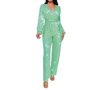 Generisch Tuta da donna elegante con paillettes: tuta elegante a maniche lunghe con scollo a V profondo avvolgimento a V intero tuta da pantaloni One Piece con cintura per costume da club, verde, XL