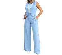 Generisch Tuta da donna elegante da lavoro, blazer, set da 2 pezzi, casual, stile ufficio, scollo a V, senza maniche, blazer e pantaloni, 2 pezzi, tinta unita, vita alta, pantaloni a gamba larga