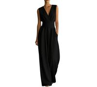 Generisch Tuta da donna elegante e festosa, monopezzo, senza maniche, scollo a V, tuta sciancrata, a gamba larga, tinta unita, plissettata, tuta intera per ospiti di matrimonio, Nero , S