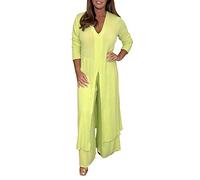 Generisch Tuta da donna elegante in chiffon, 2 pezzi, tinta unita, a maniche lunghe, per il tempo libero, con scollo a V, casual, due pezzi, con top & abbinamento, giallo., L