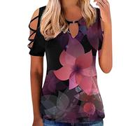 Generisch Tuta da donna estiva casual sexy moda cava manica corta anello pulsante stampa manica corta t-shirt top Cut out body, Colore: rosa., XL
