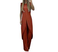Generisch Tuta da donna in due pezzi, estiva, in lino, per la moda, corta, leggera, estiva, da donna, in mussola, in due pezzi, elegante, Colore: rosso, 3XL