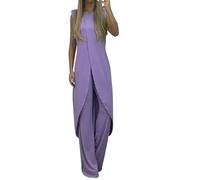 Generisch Tuta da donna in due pezzi, estiva, in lino, per la moda, corta, leggera, estiva, da donna, in mussola, in due pezzi, elegante, Lilla, XXL