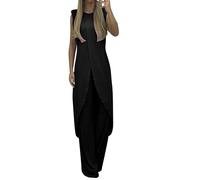 Generisch Tuta da donna in due pezzi, estiva, in lino, per la moda, corta, leggera, estiva, da donna, in mussola, in due pezzi, elegante, Nero , 4XL