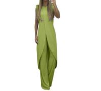 Generisch Tuta da donna in due pezzi, estiva, in lino, per la moda, corta, leggera, estiva, da donna, in mussola, in due pezzi, elegante, verde, 4XL