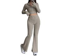 Generisch Tuta da donna in due pezzi, set da 2 pezzi, a maniche lunghe, a costine e crop top e pantaloni loungewear set slim fit, 2 pezzi, per il tempo libero, casual, da donna, B Khaki., XS
