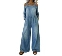 Generisch Tuta da donna in jeans, a gamba larga, a maniche lunghe, schiena scoperta, con spalline regolabili, elegante e casual, tuta da lavoro con tasca, Blu, S
