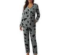 Generisch, tuta da donna lunga, casacca leggera con elastico, morbida, loungewear, con revers, a maniche lunghe, biancheria da notte e pigiama, 2 pezzi, outfit elegante e casual, tuta da salotto, set