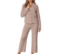 Generisch Tuta da donna morbida in ciniglia a coste - Set di due pezzi con giacca cardigan e pantaloni larghi | Accogliente tuta lounge per le giornate di relax, L