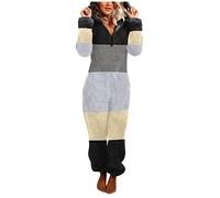 Generisch Tuta da donna patchwork tuta intera con cappuccio, pigiama Teddy in pile, soffice pigiama invernale caldo Onesie lungo, morbido e alla moda, confortevole, Nero , XL