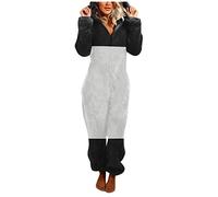 Generisch Tuta da donna patchwork tuta intera con cappuccio, pigiama Teddy in pile, soffice pigiama invernale caldo Onesie lungo, morbido e alla moda, confortevole, bianco, 5XL