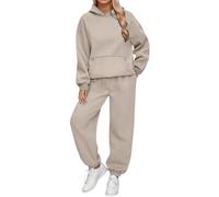 Generisch Tuta da ginnastica da donna, traspirante, 2 pezzi, a maniche lunghe, con cappuccio, felpa e pantaloni da jogging, set elegante, per il tempo libero, per lo sport, in tinta unita, O kaki, S