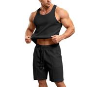 Generisch Tuta da ginnastica da uomo, 2 pezzi, estiva, con canottiera, maglietta e pantaloncini, a nido d'ape, per il tempo libero, casual, vestibilità aderente