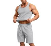 Generisch Tuta da ginnastica da uomo, 2 pezzi, estiva, con canottiera, maglietta e pantaloncini, a nido d'ape, per il tempo libero, casual, vestibilità aderente