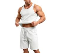Generisch Tuta da ginnastica da uomo, 2 pezzi, estiva, con canottiera, maglietta e pantaloncini, a nido d'ape, per il tempo libero, casual, vestibilità aderente, bianco, L