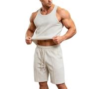 Generisch Tuta da ginnastica da uomo, 2 pezzi, estiva, con canottiera, maglietta e pantaloncini, a nido d'ape, per il tempo libero, casual, vestibilità aderente