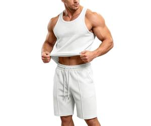 Generisch Tuta da ginnastica da uomo, 2 pezzi, estiva, con canottiera, maglietta e pantaloncini, a nido d'ape, per il tempo libero, casual, vestibilità aderente, bianco, L