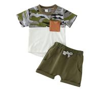 Generisch Tuta da ginnastica per bambini, tuta sportiva e ragazzi, estiva, a maniche corte, con stampa alla moda, 2 pezzi, abbigliamento sportivo, set per ragazzi, Mimetico, 6-12 Mesi