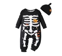 Generisch Tuta da gioco per neonati, con stampa scheletro e cappello rimovibile, a maniche lunghe, per Halloween, per neonati, ragazzi e ragazze, 2 pezzi (nero, 9-12 mesi)