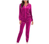 Generisch Tuta da jogging da donna, in due pezzi, tinta unita, per il fitness, per il tempo libero, elegante, a maniche lunghe, con cappuccio e chiusura lampo, Rosa acceso., XL
