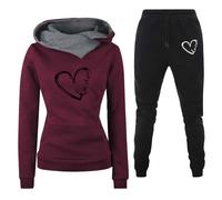 Generisch Tuta da jogging da donna, in pile elasticizzato, con stampa a cuore, con cappuccio e pantaloni da allenamento, in due pezzi, per attività all'aria aperta, allenamento sportivo, S-3Xl, Rosso2