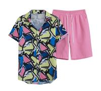 Generisch Tuta da jogging da uomo, a maniche corte, con stampa alla moda, larga, oversize, pantaloni corti, per il tempo libero, da uomo, 2 pezzi, per la spiaggia, per le vacanze, giallo., M