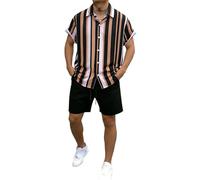 Generisch Tuta da jogging da uomo e donna, unisex, a maniche corte, con strisce verticali, bottoni e pantaloni corti, per il tempo libero, 2 pezzi, abbigliamento estivo, per le vacanze