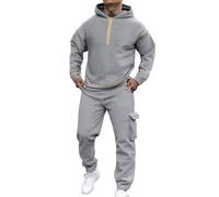 Generisch Tuta da jogging da uomo, termica, per il tempo libero, in due pezzi, con cerniera 1/4, con cappuccio e pantaloni da jogging, set sportivo in tinta unita, comoda, O grigio., L