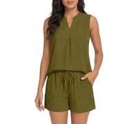 Generisch Tuta da traing da donna, senza maniche, scollo a V, canotta e pantaloncini, per il tempo libero, 2 pezzi, con tasche, corta, per lavoro, streetwear, 02 verde., XXL