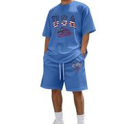 Generisch Tuta da uomo a maniche corte, per il tempo libero, due pezzi, con stampa di lettere, comoda tuta sportiva, casual, streetwear, per giornate calde, Blu, XXL