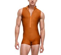 Generisch Tuta da uomo a olio, lucida, con colletto alto, chiusura lampo, tinta unita, per sport, fitness, senza maniche, in neoprene, per leotard, cachi, XXL